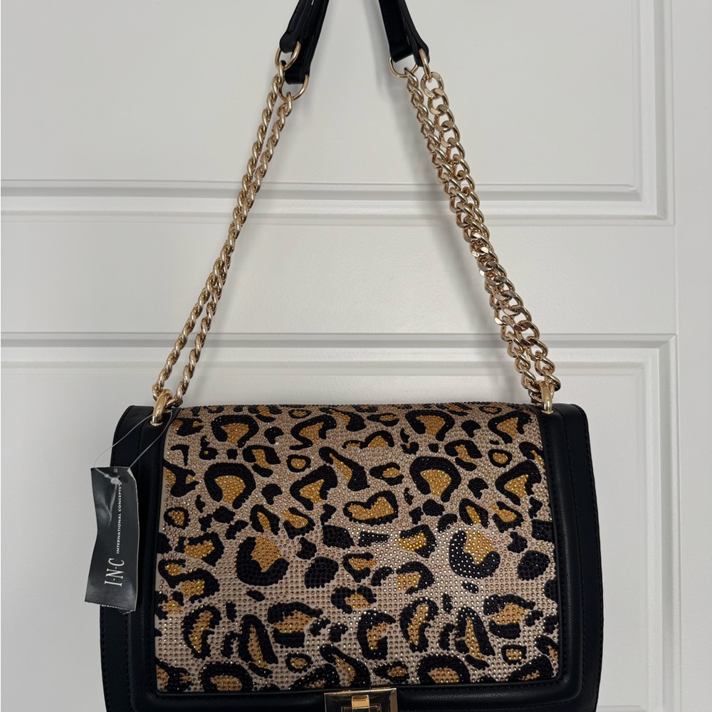INC Black and Gold Shoulder Bag with rhinestone Leopard Print detail NEW! NWT